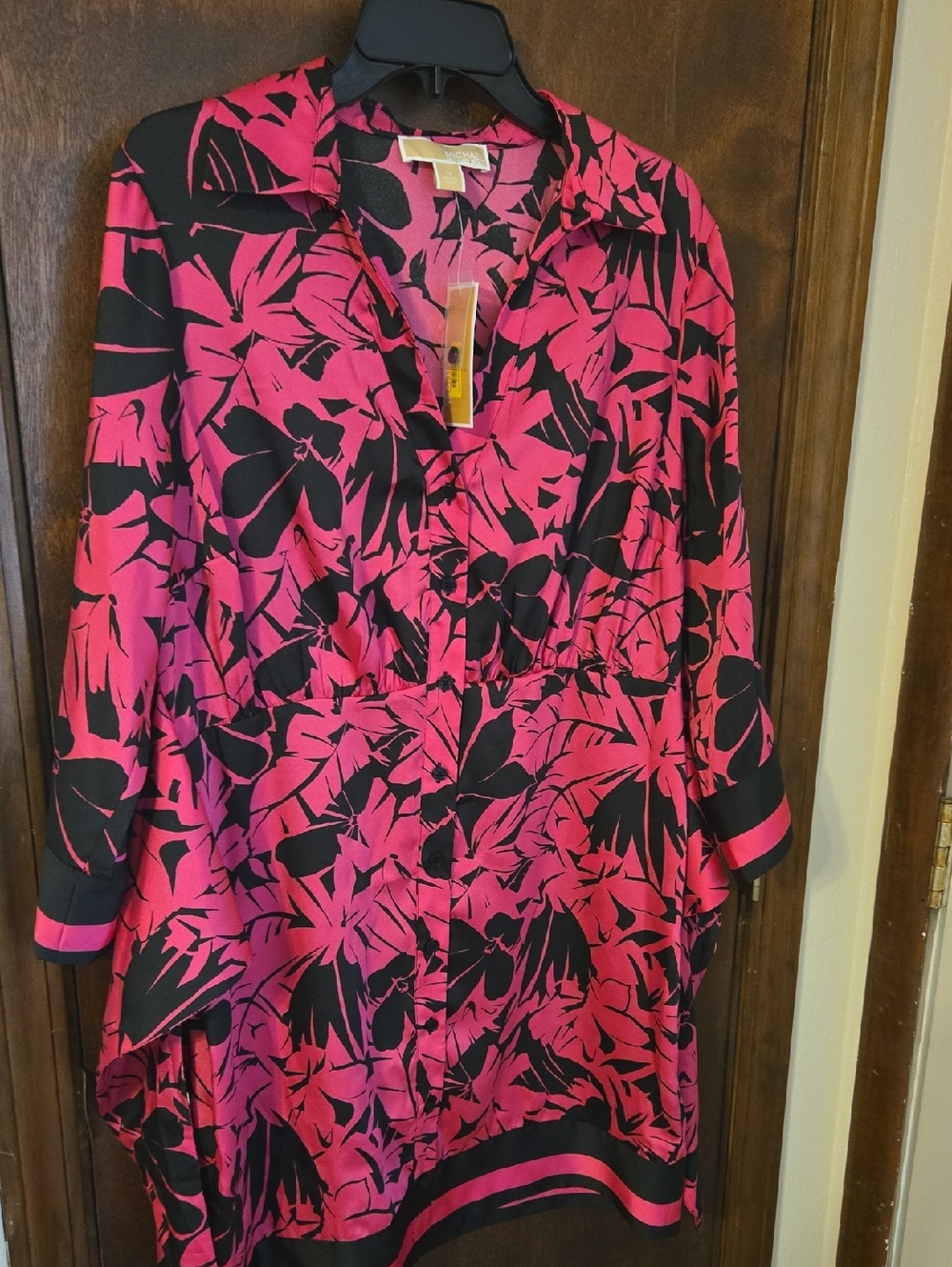 Michael Kors Pink and Black Floral Collared Long Sleeve Dress